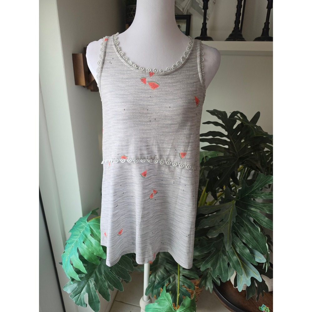 LC Lauren Conrad Women Gray Watermelon Print Lace Trim Sleeveless Tank Top XS